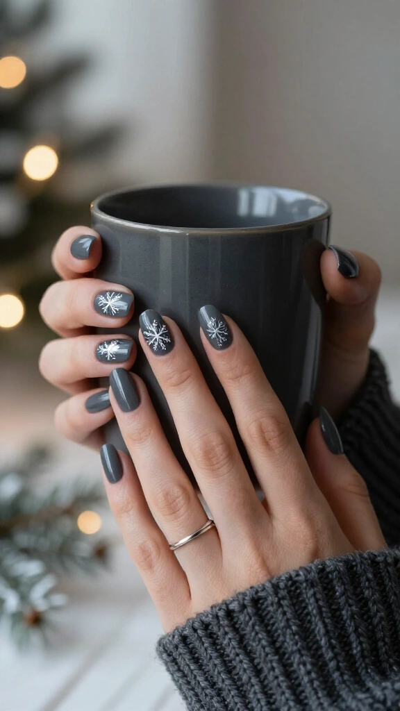 Smoky gray snowflake nails