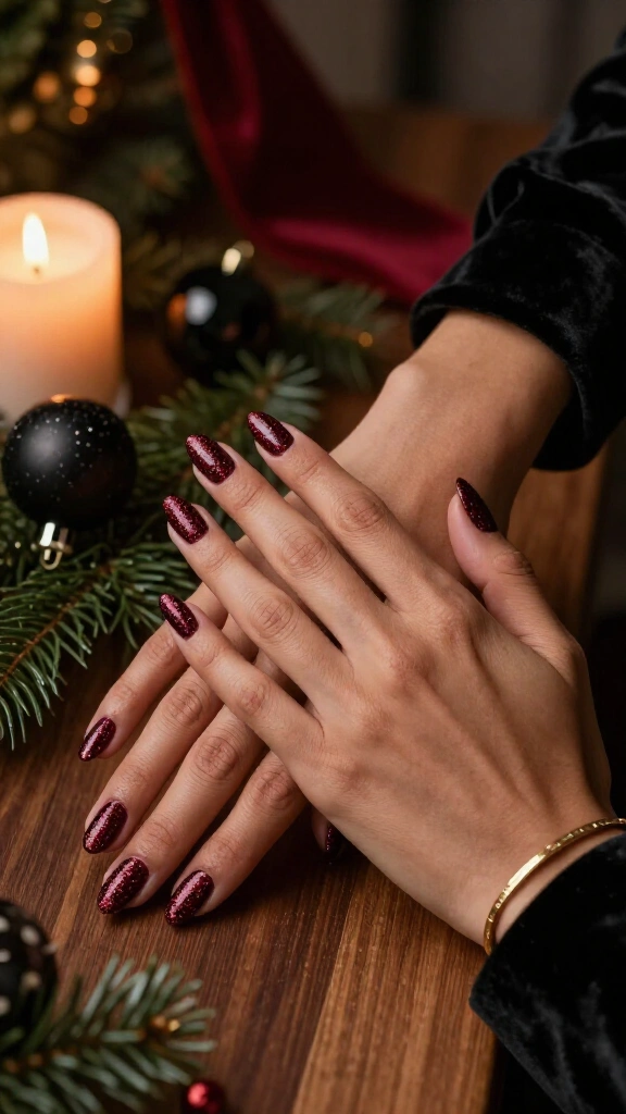 Oxblood red glitter nails