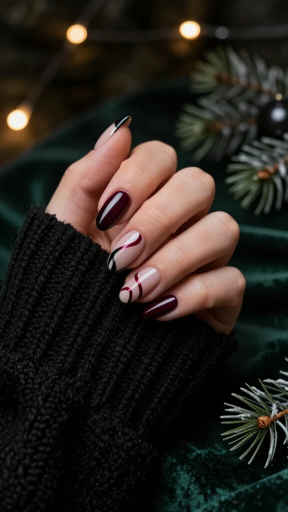 Black candy cane swirl nails