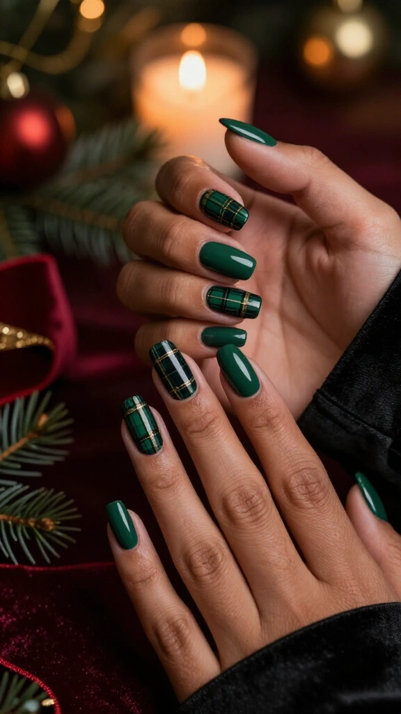 Dark green tartan nails