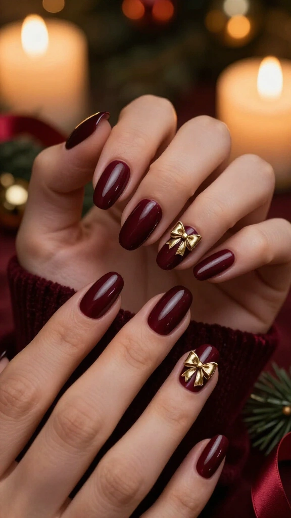 Burgundy nails with tiny gold bows