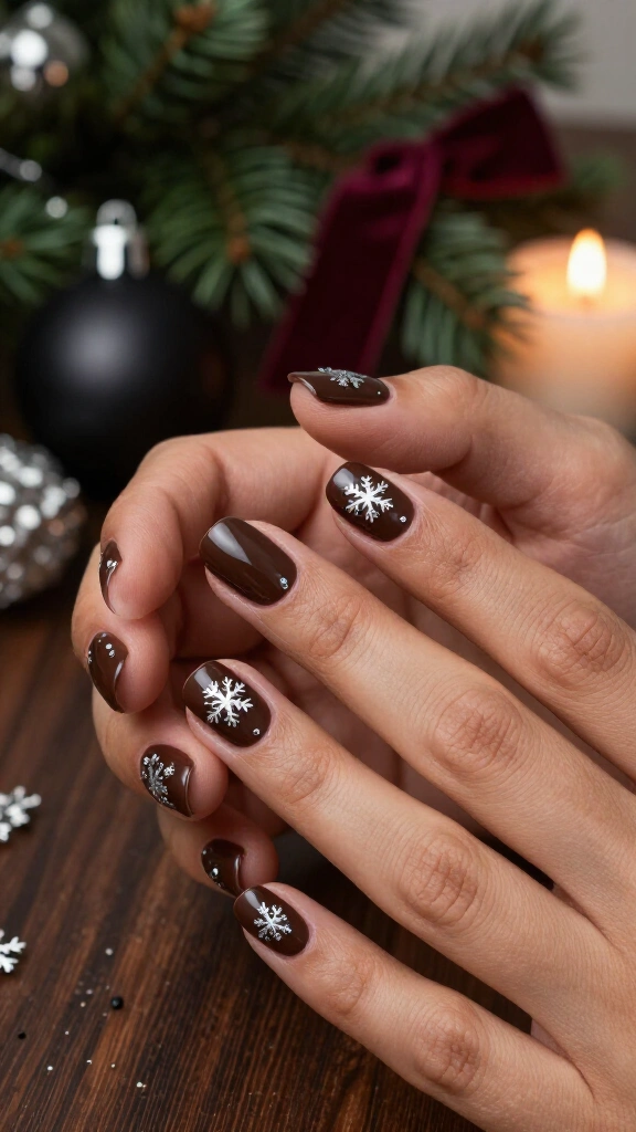 Dark chocolate nails with silver snowflakes