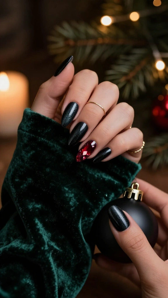 Black velvet nails with red gem accents