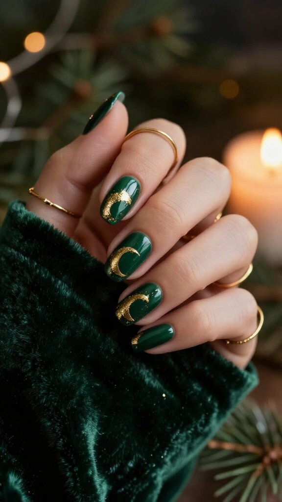 Forest green nails with gold crescent moons