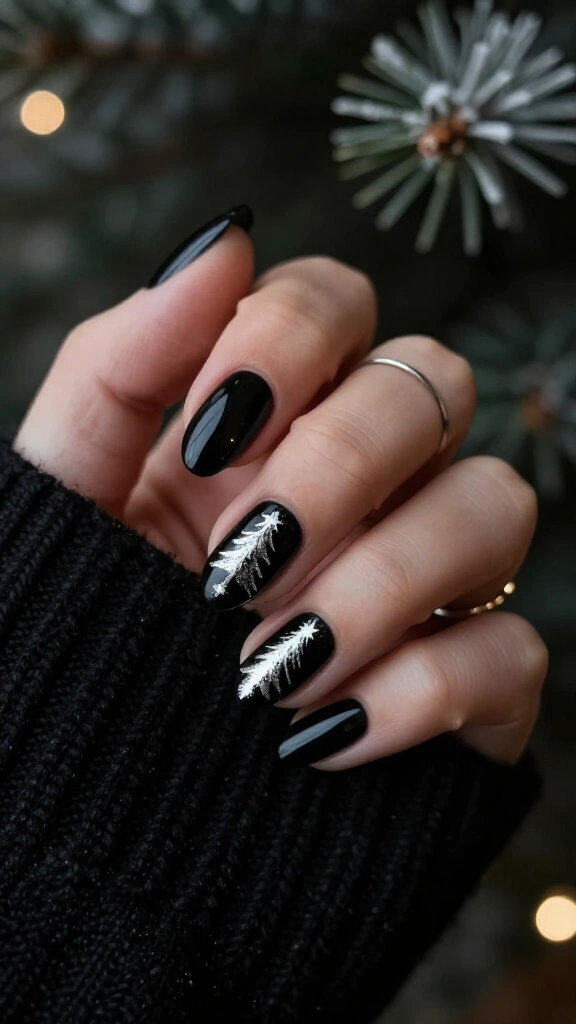 Black base nails with silver Christmas trees