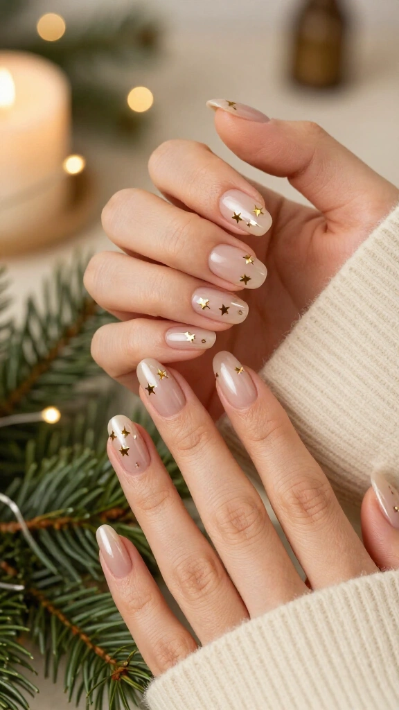 Tiny gold star Christmas nails