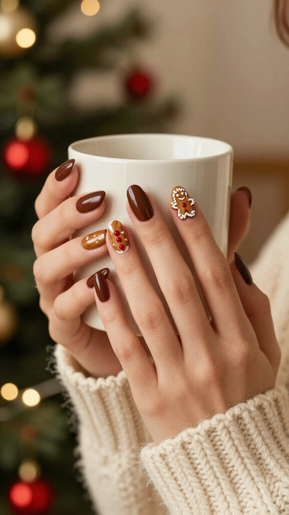 Gingerbread man accent nails