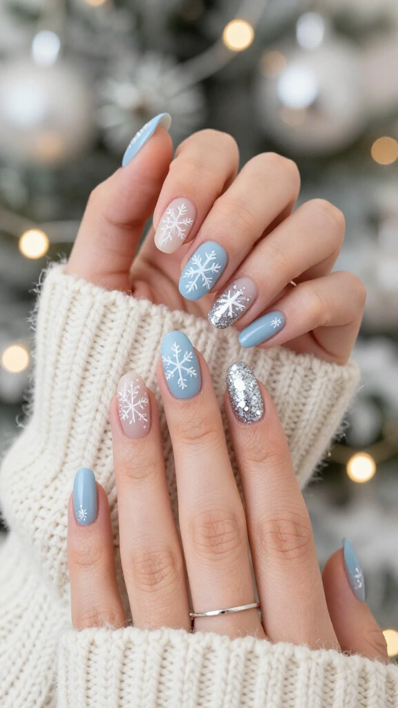 Snowflake nails with icy blue glitter