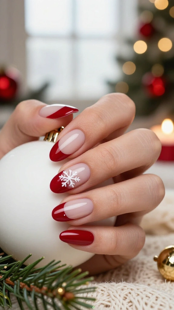 Ruby French tips with delicate snowflakes