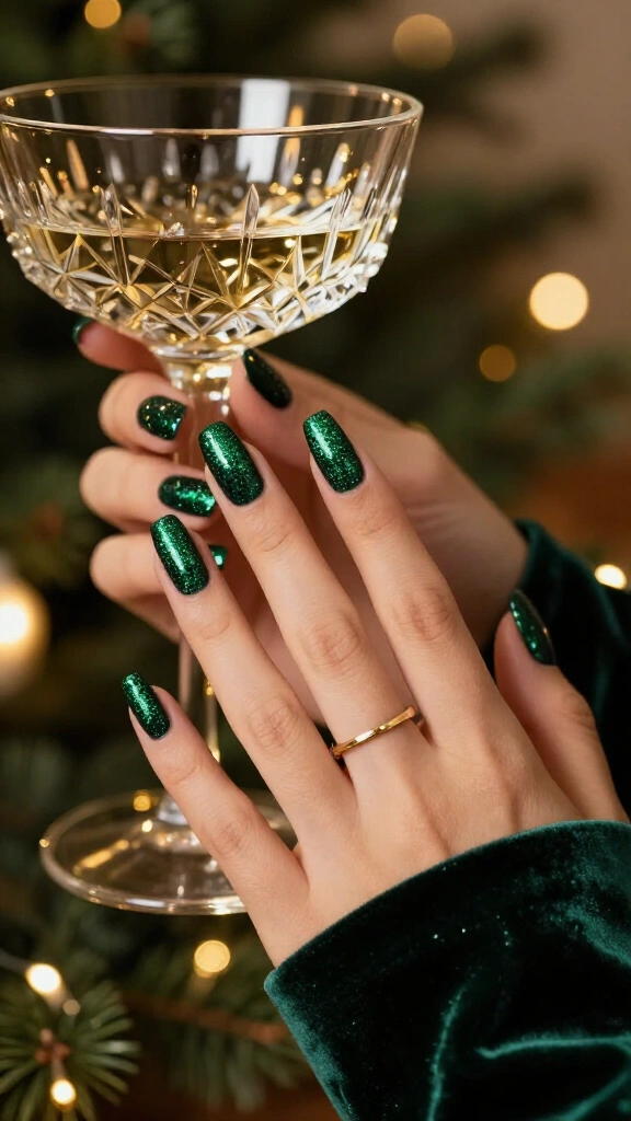 Deep green glitter nails