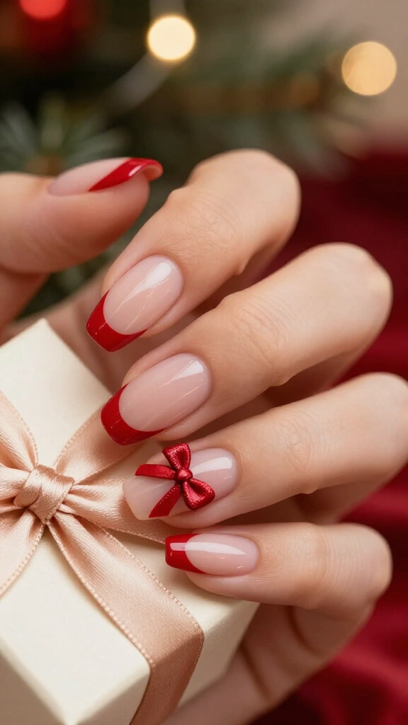 Red French tips with bow details