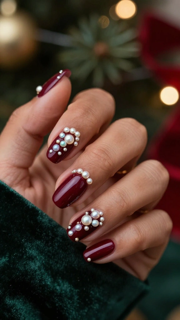 Glossy bordeaux with pearl embellishments
