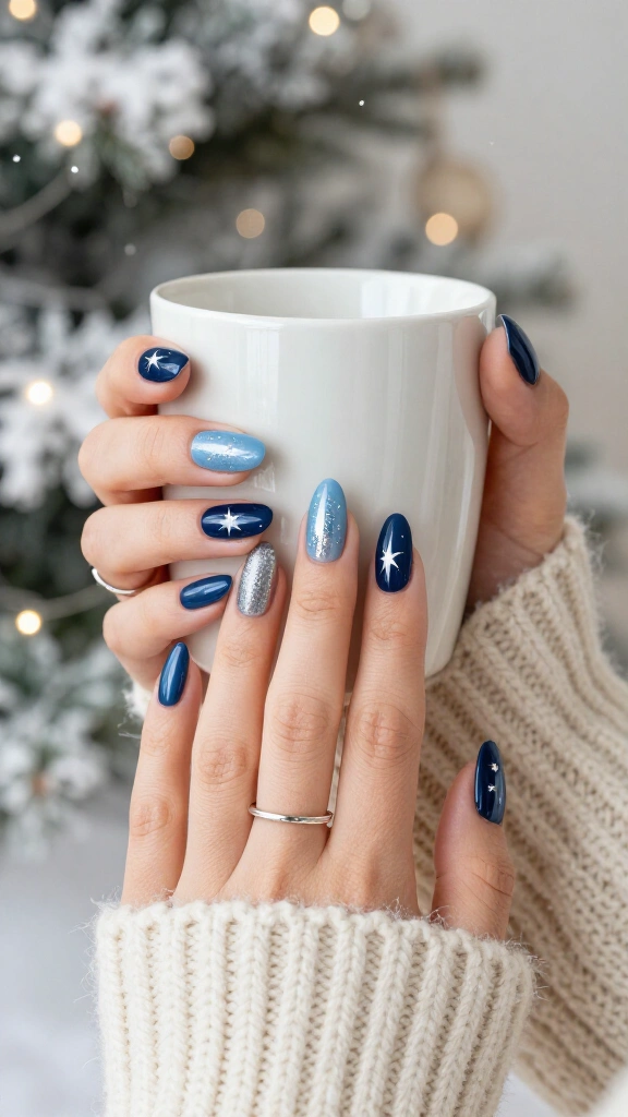 Blue Christmas nails with silver details