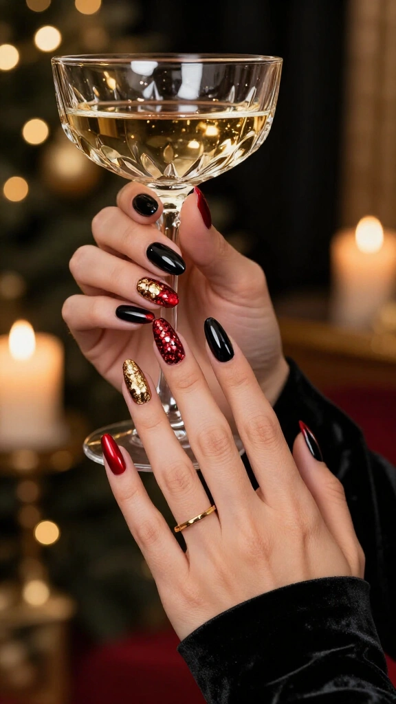 Black, red, and gold holiday glam nails