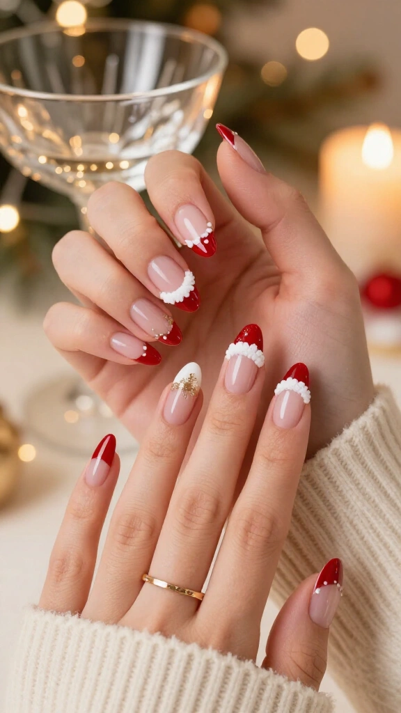 Santa hat French tips on neutral jelly red