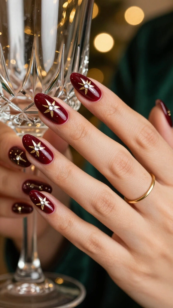 Burgundy base with gold starburst decals