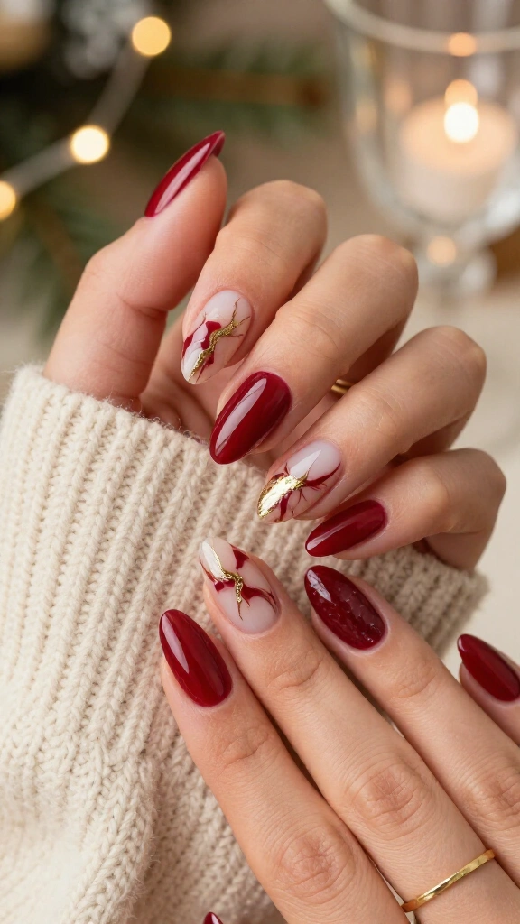 Red marble swirls with golden veins