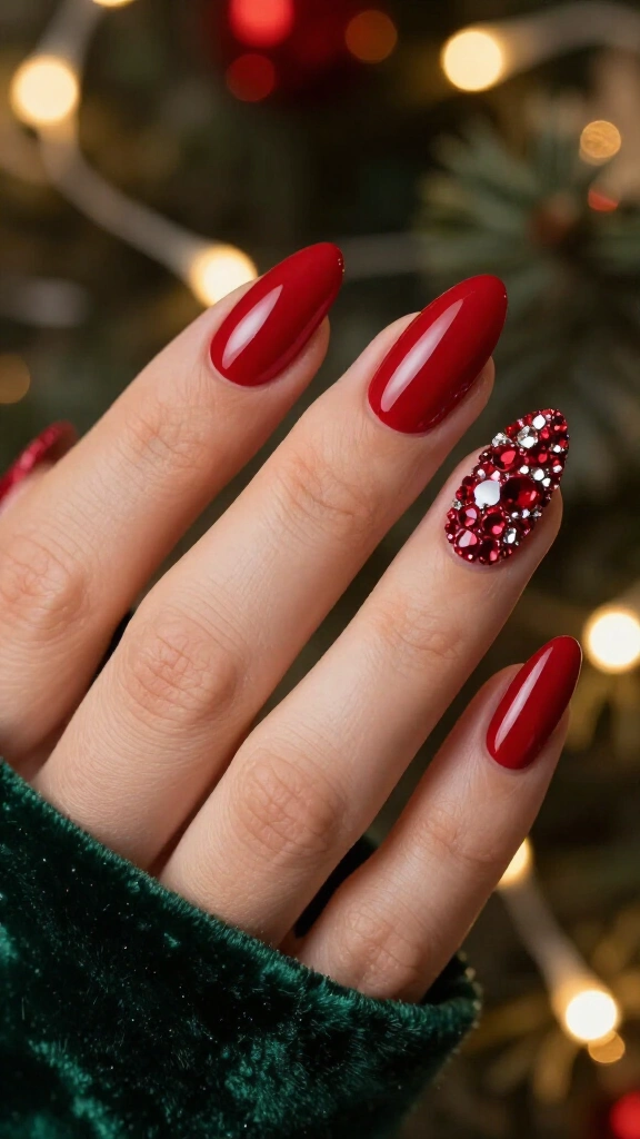 Rhinestone-encrusted scarlet stiletto accent