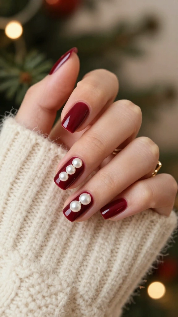 Deep Bordeaux with Pearl Studs