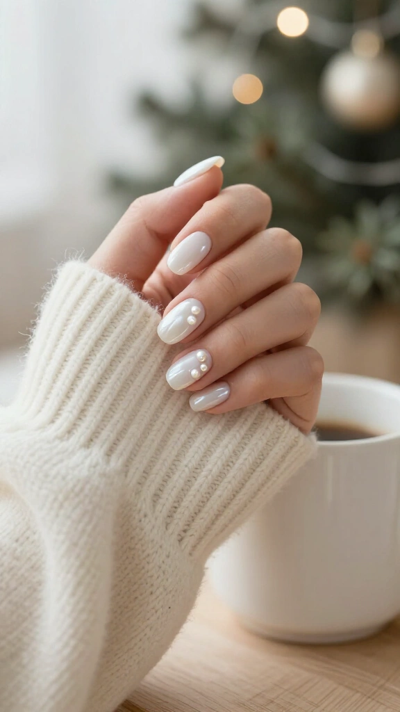 Milky white nails with tiny pearls