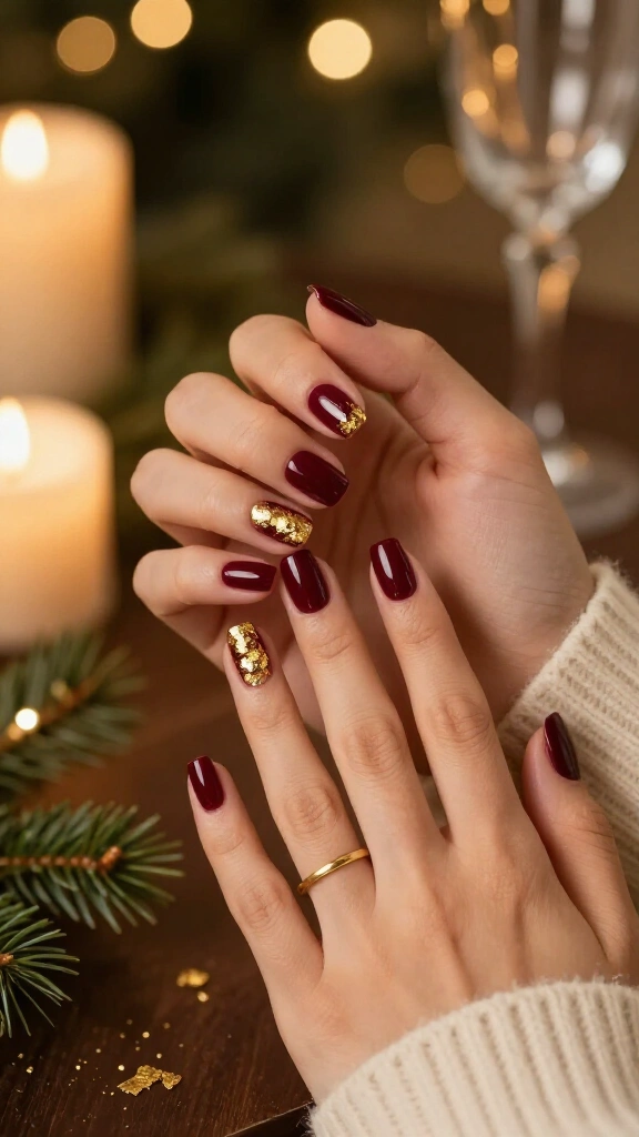 Burgundy nails with gold foil