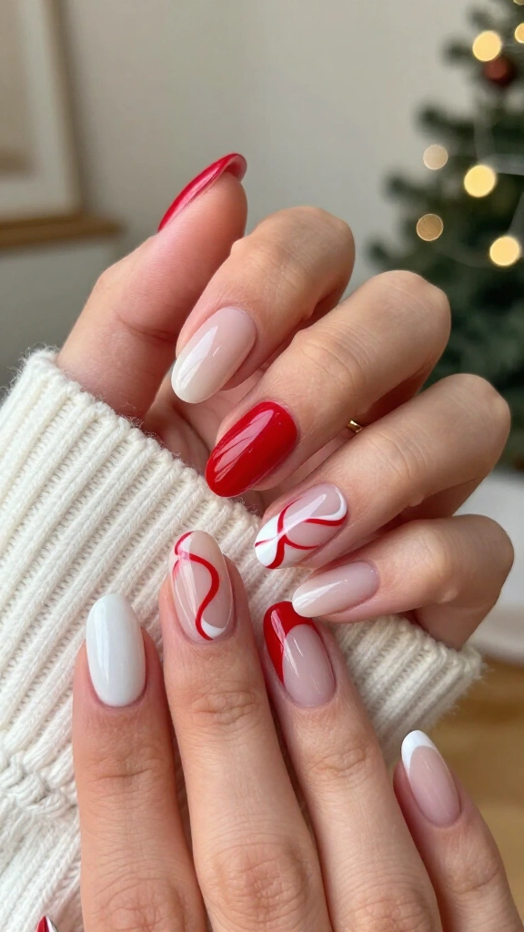 Red and white swirl nails