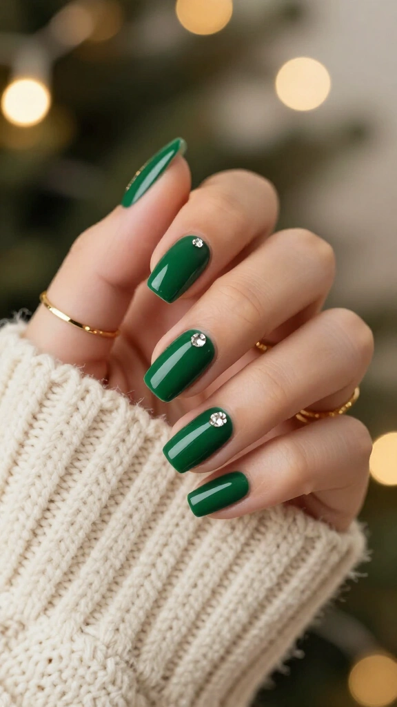 Emerald nails with a single rhinestone