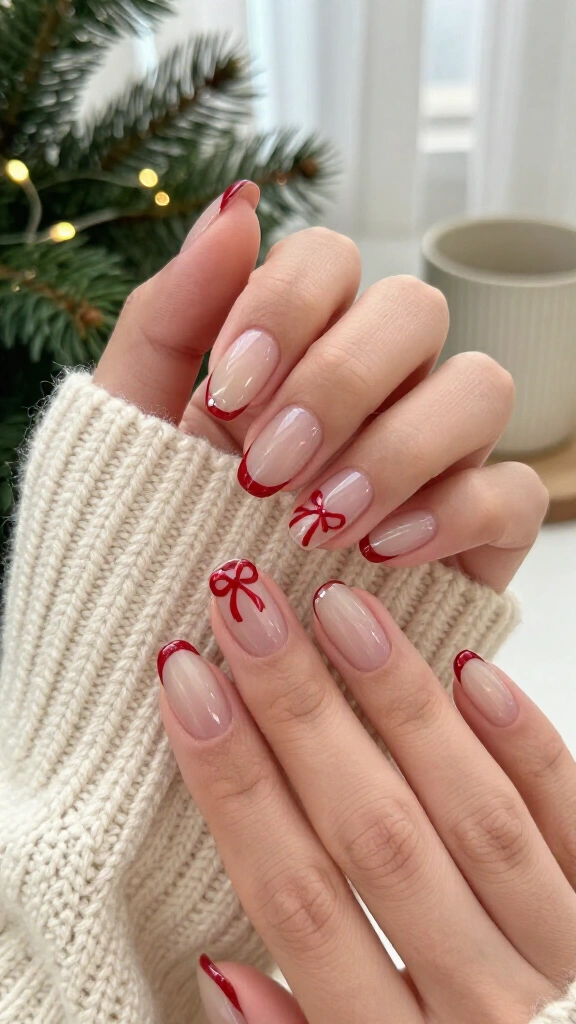 Nude nails with red bow accents
