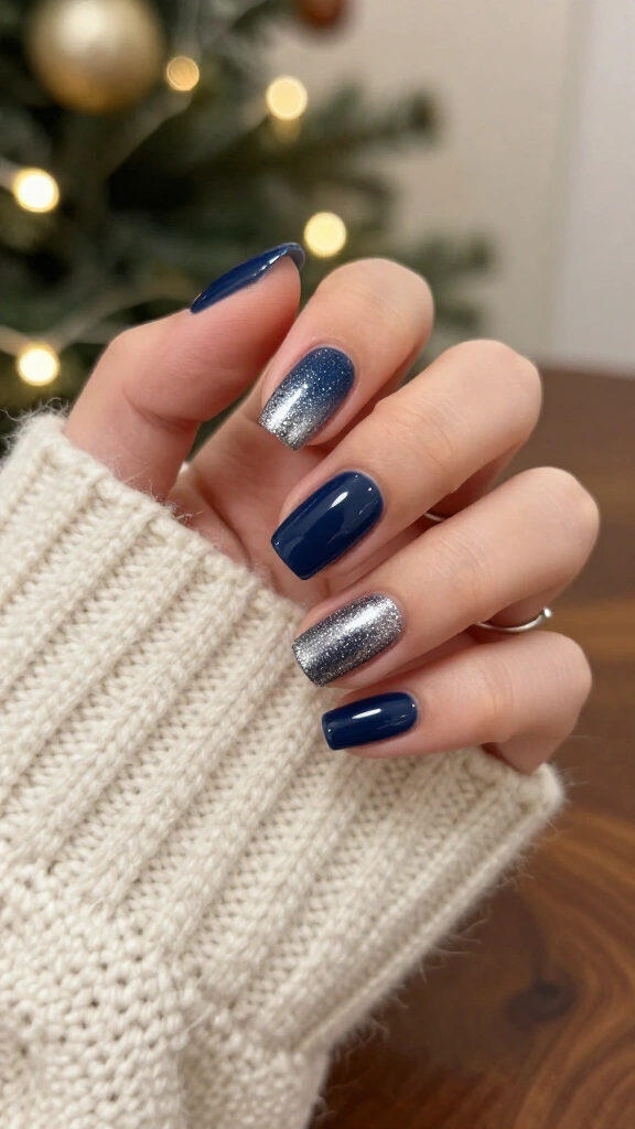 Navy blue nails with silver glitter
