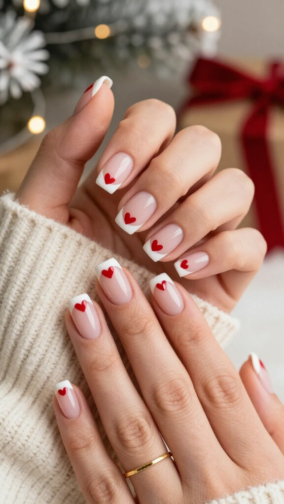 White French tips with red heart details