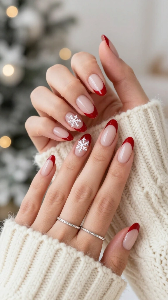 Red French tips with tiny white snowflakes