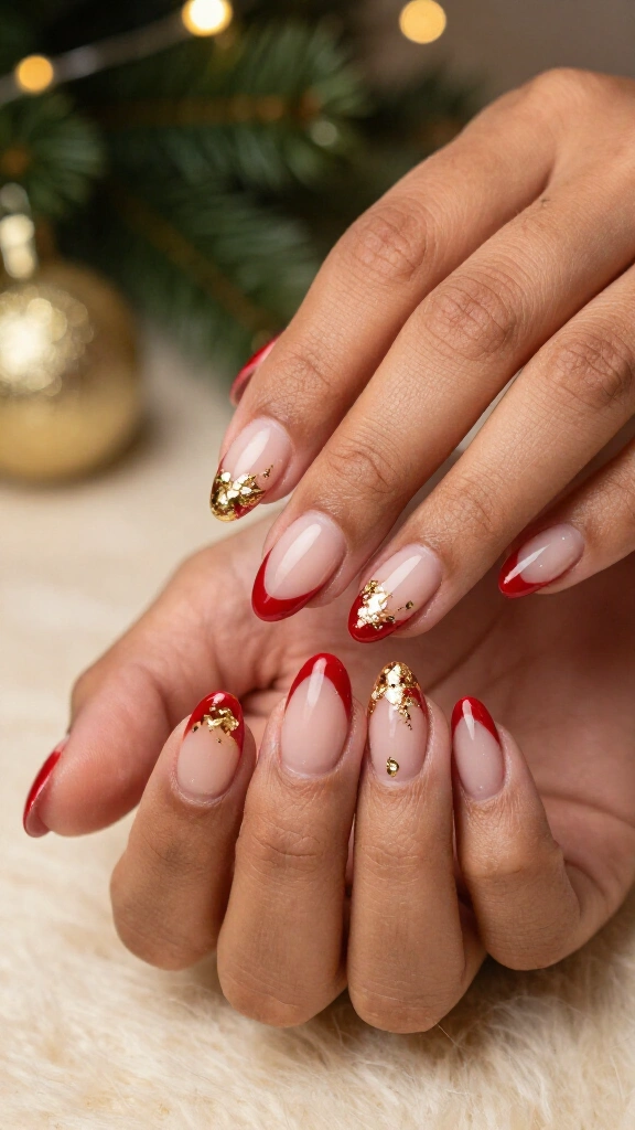 Red French tips with gold foil accents