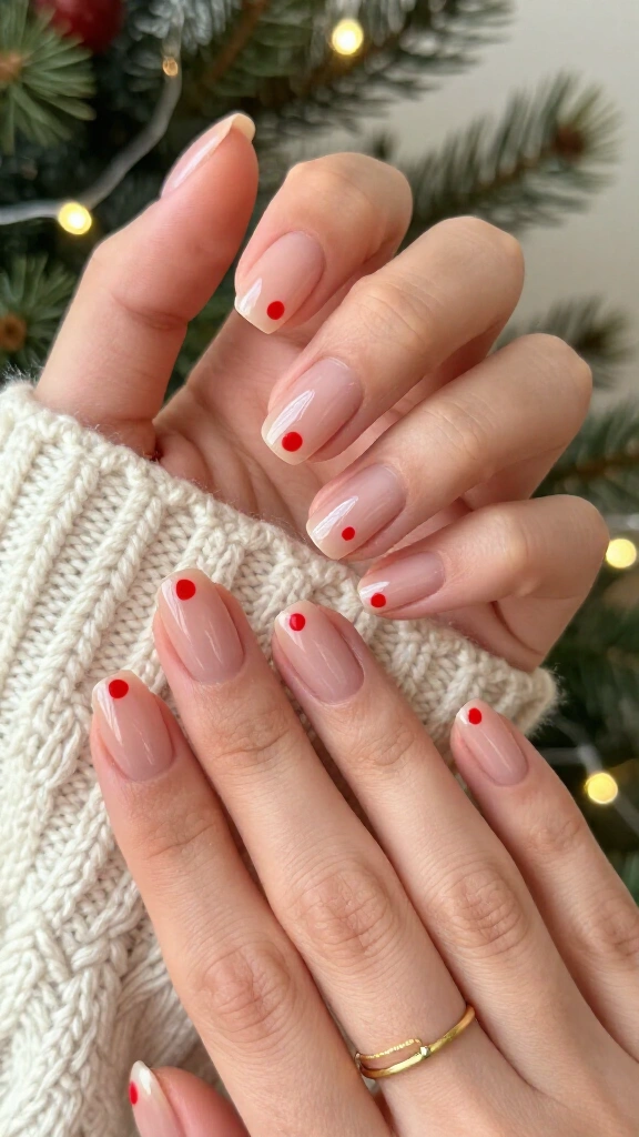 Bare Peach Nails with Tiny Red Enamel Dots