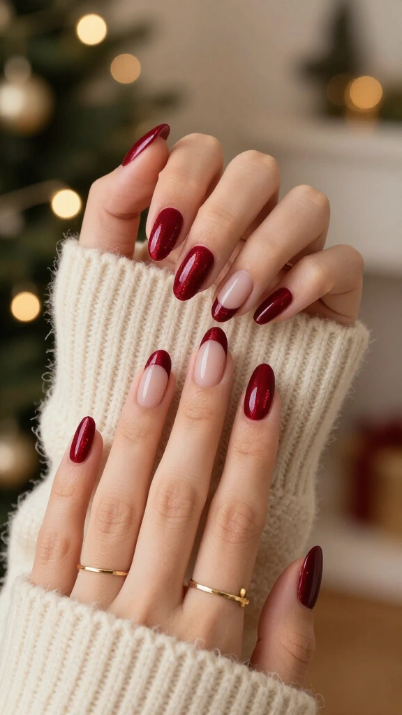 Velvet red French tip Christmas nails