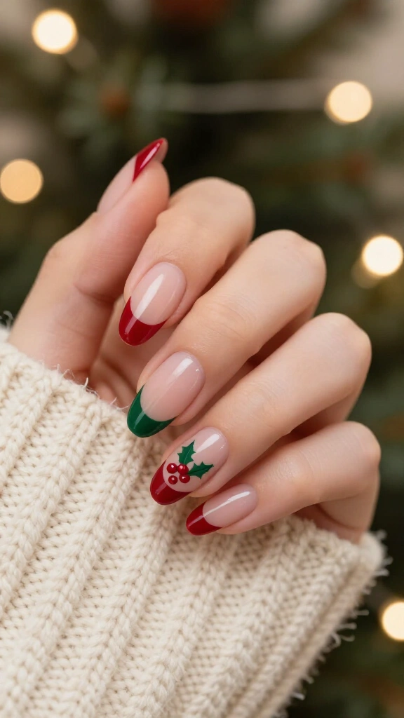 Red French tips with mini holly berries