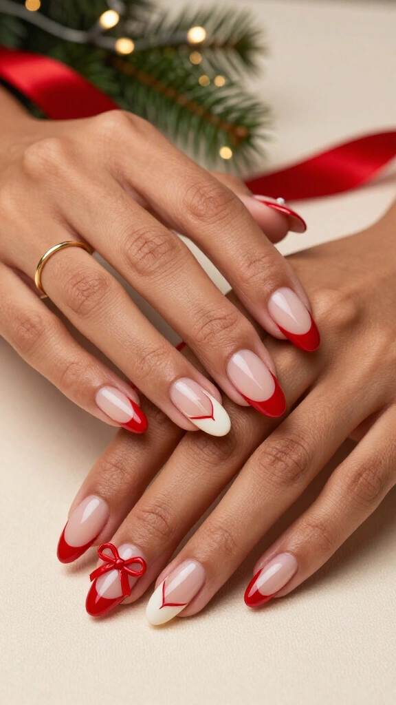 French tips with a red bow accent
