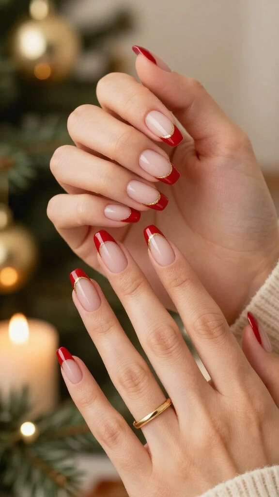Red French tips with a gold cuticle line