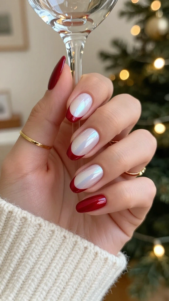 Red French tips with white chrome snow
