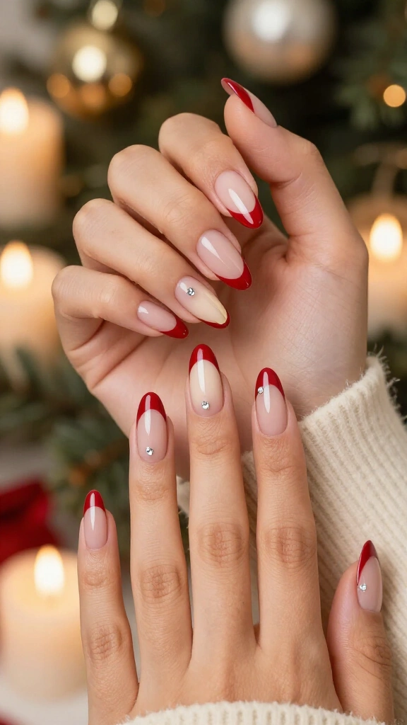 Red French tips with rhinestone details