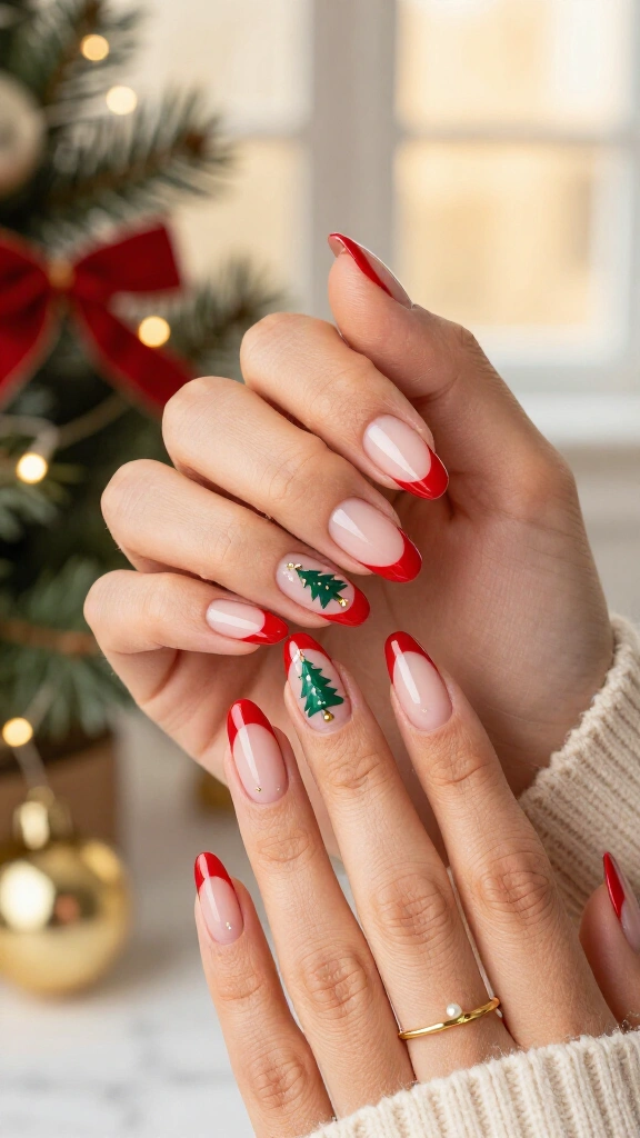 Red French tips with a festive accent nail