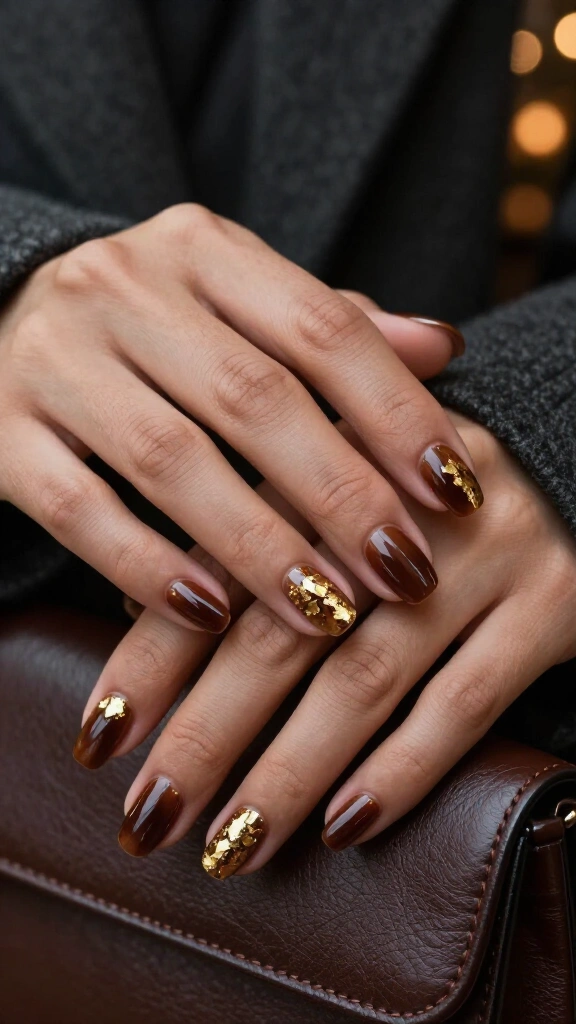 Espresso Jelly Nails with Gold Leaf Accents