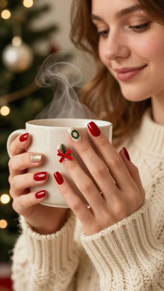 Tiny Wreath and Red Bow Nails