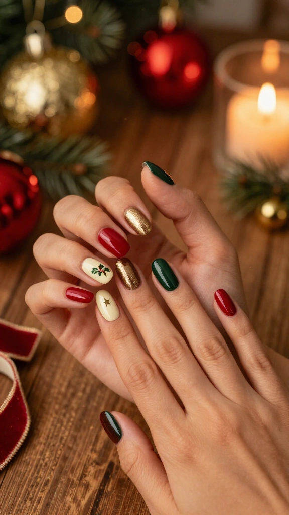 Nostalgic Red, Green, and Gold Skittle Nails