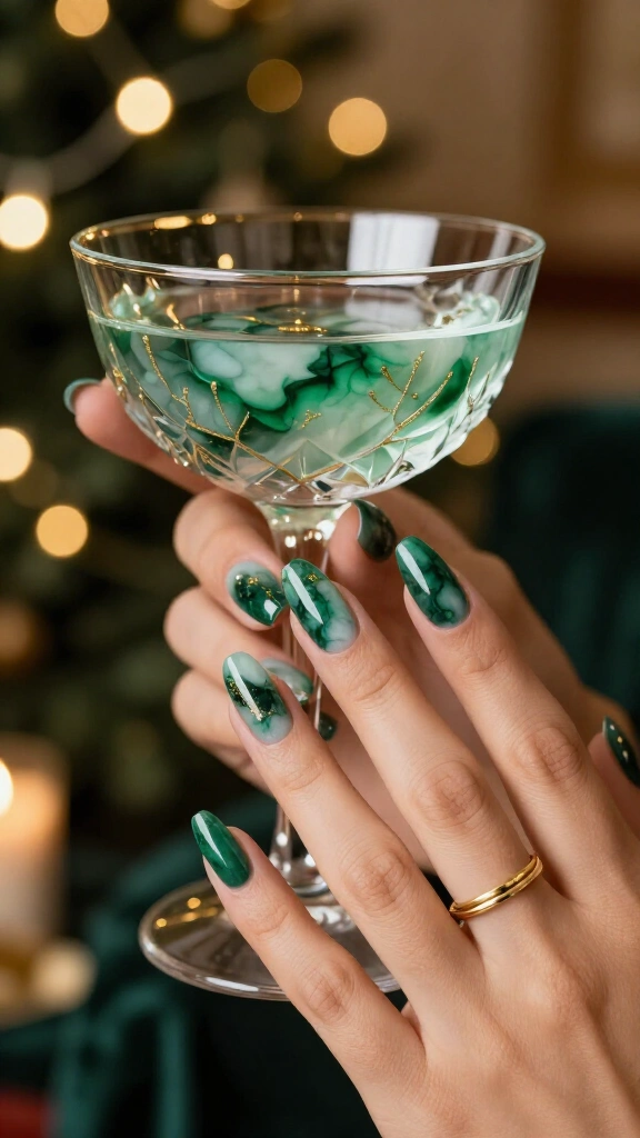Green Marble Nails with Golden Veins