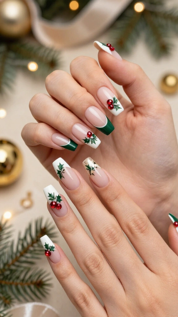 French tip flare with holly accents