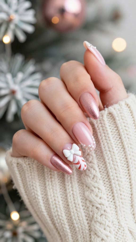 Pink holiday ribbon duck nails