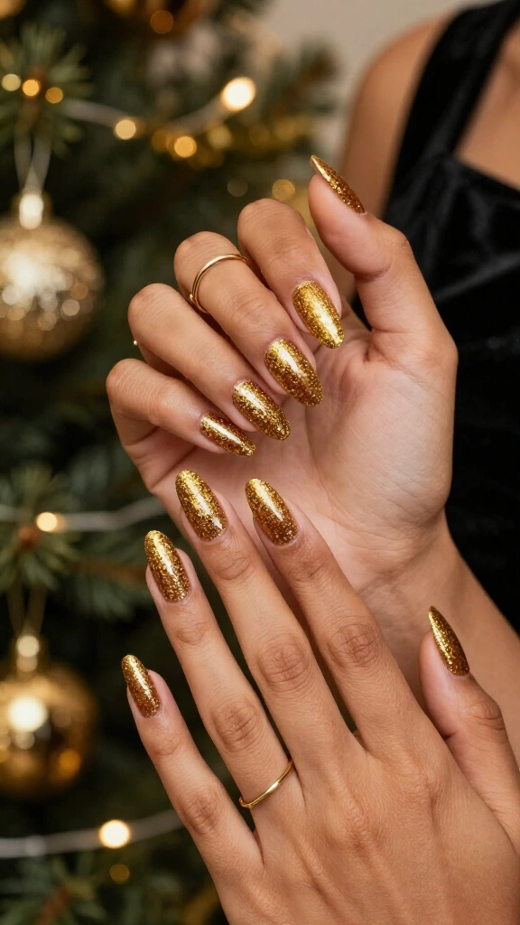 Full gold glitter holiday nails
