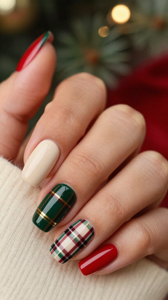 Plaid and tartan flared accent nails