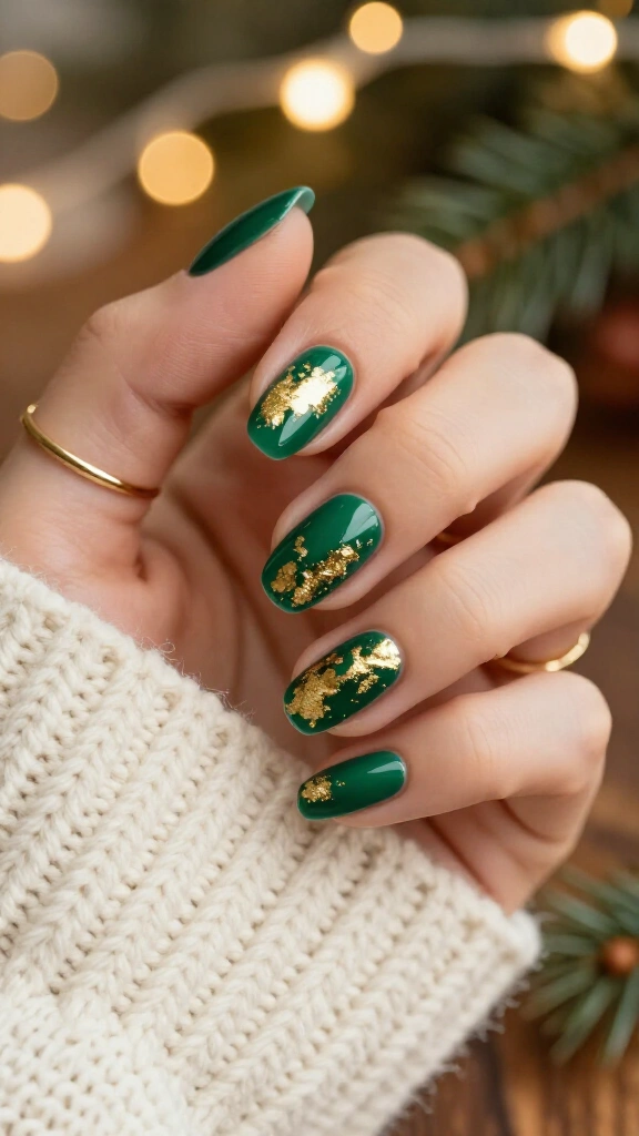 Emerald green and gold foil nails