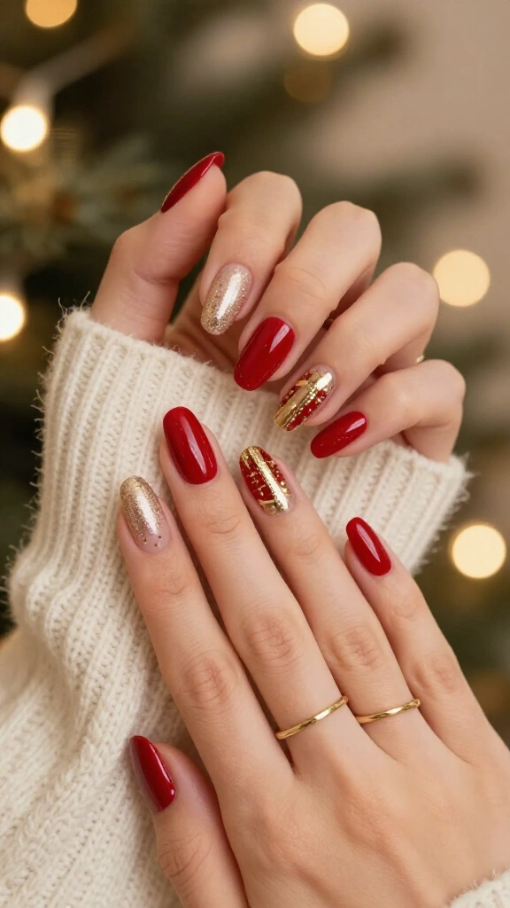 Red nails with gold details